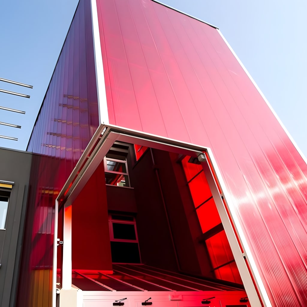 Red facade with interlocking polycarbonate panels