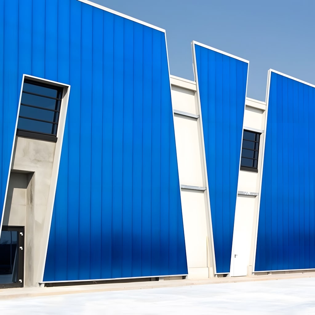 Blue facade with interlocking polycarbonate panels