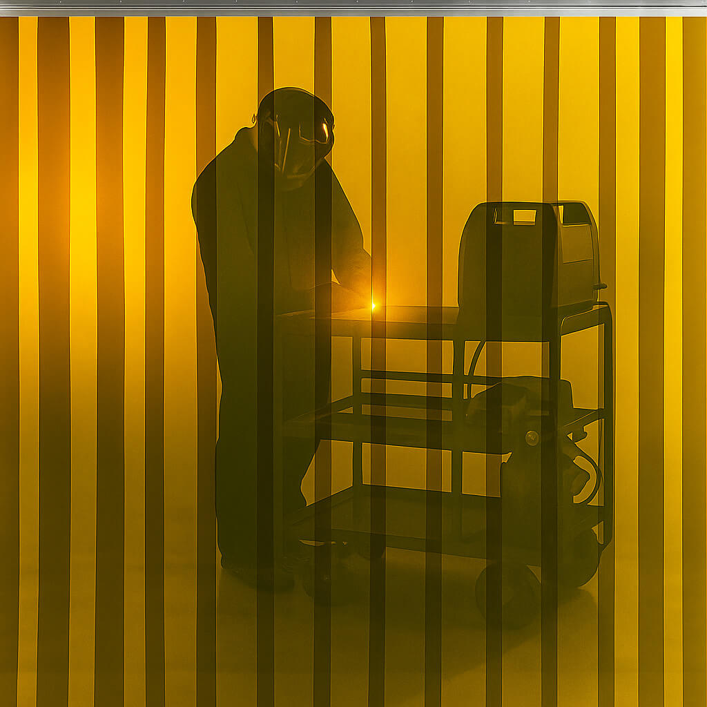 Welding curtains and a workman