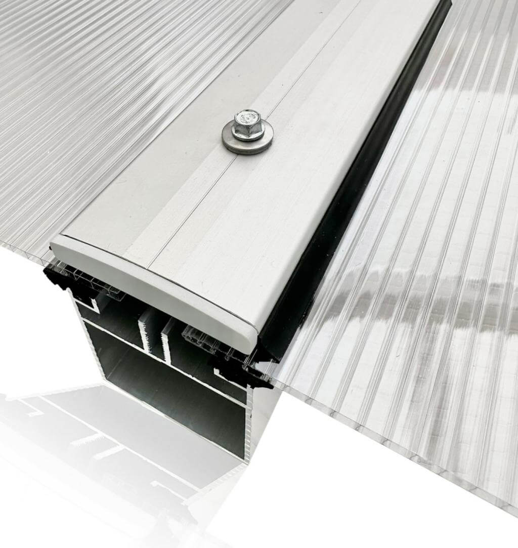Assembled base profile with polycarbonate and clamp profile