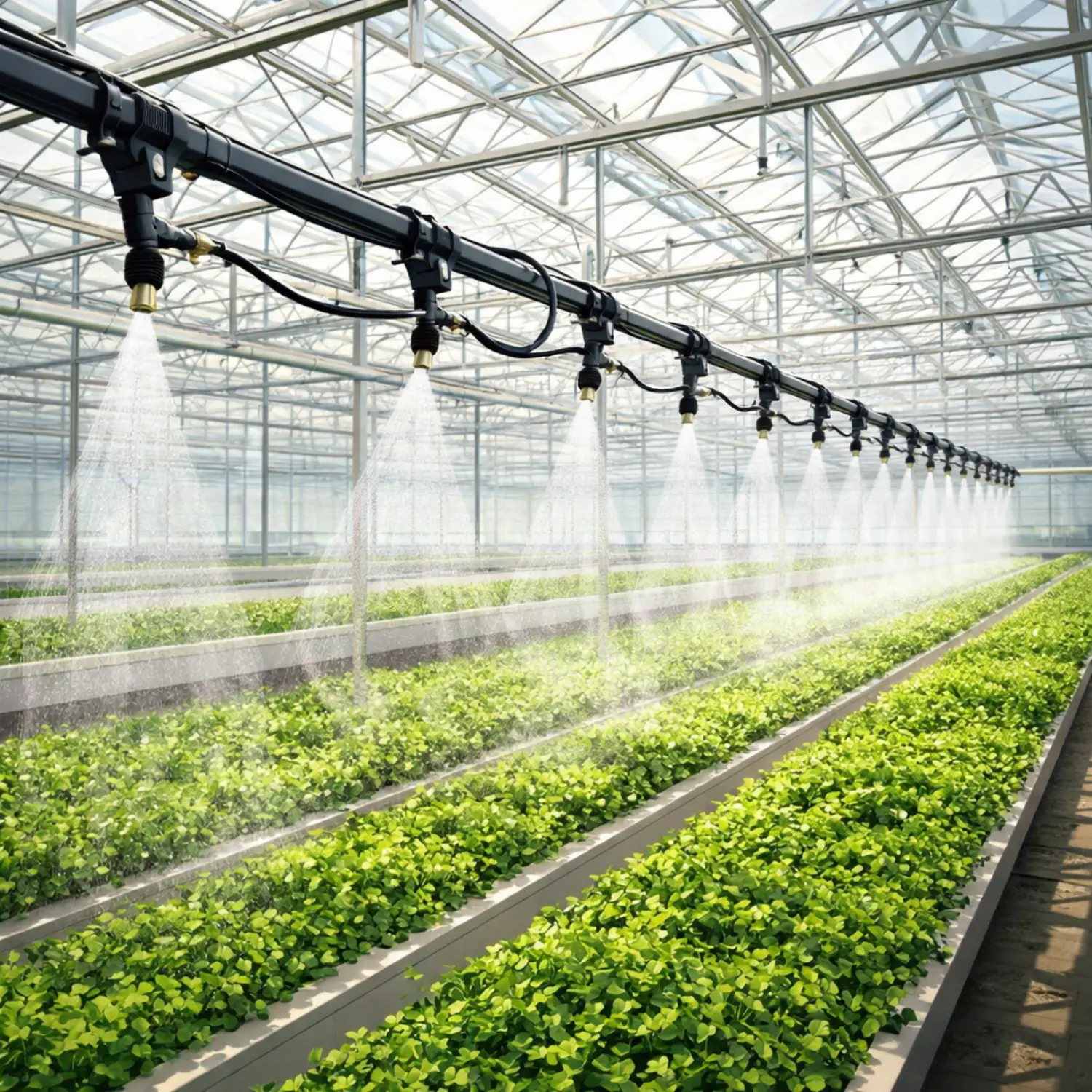 Automated irrigation boom operating above crop rows in a large-scale greenhouse environment.