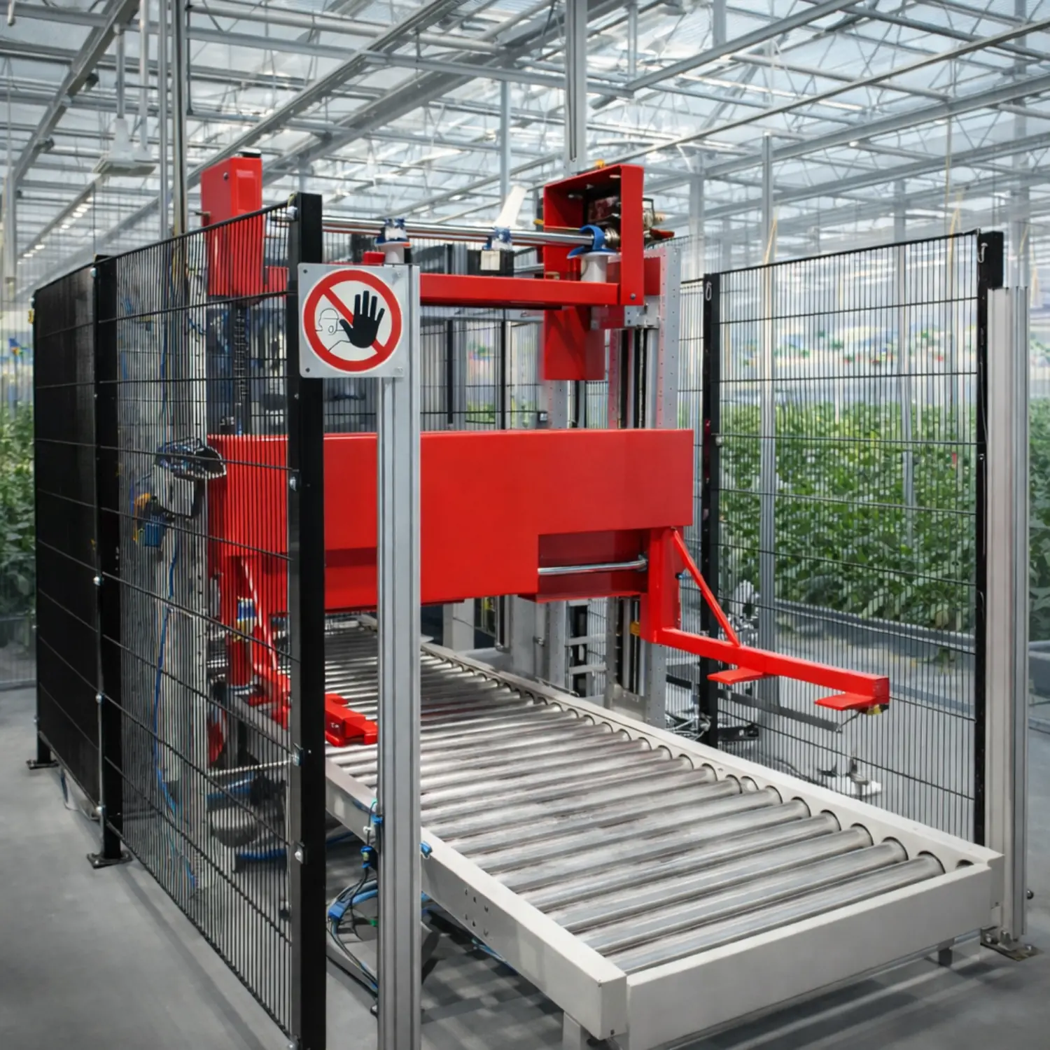 Industrial palletizing machine with integrated roller conveyor, handling packaged goods in a warehouse environment.