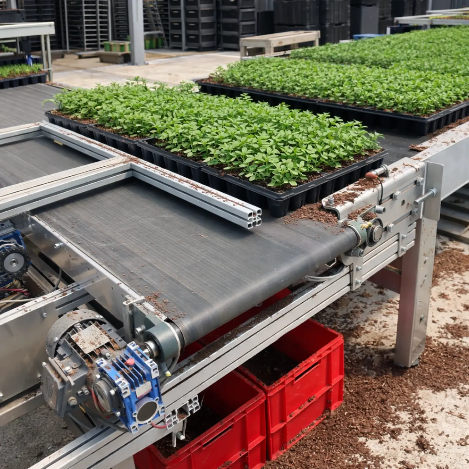 Plants placed on a conveyor belt used for greenhouse plant handling