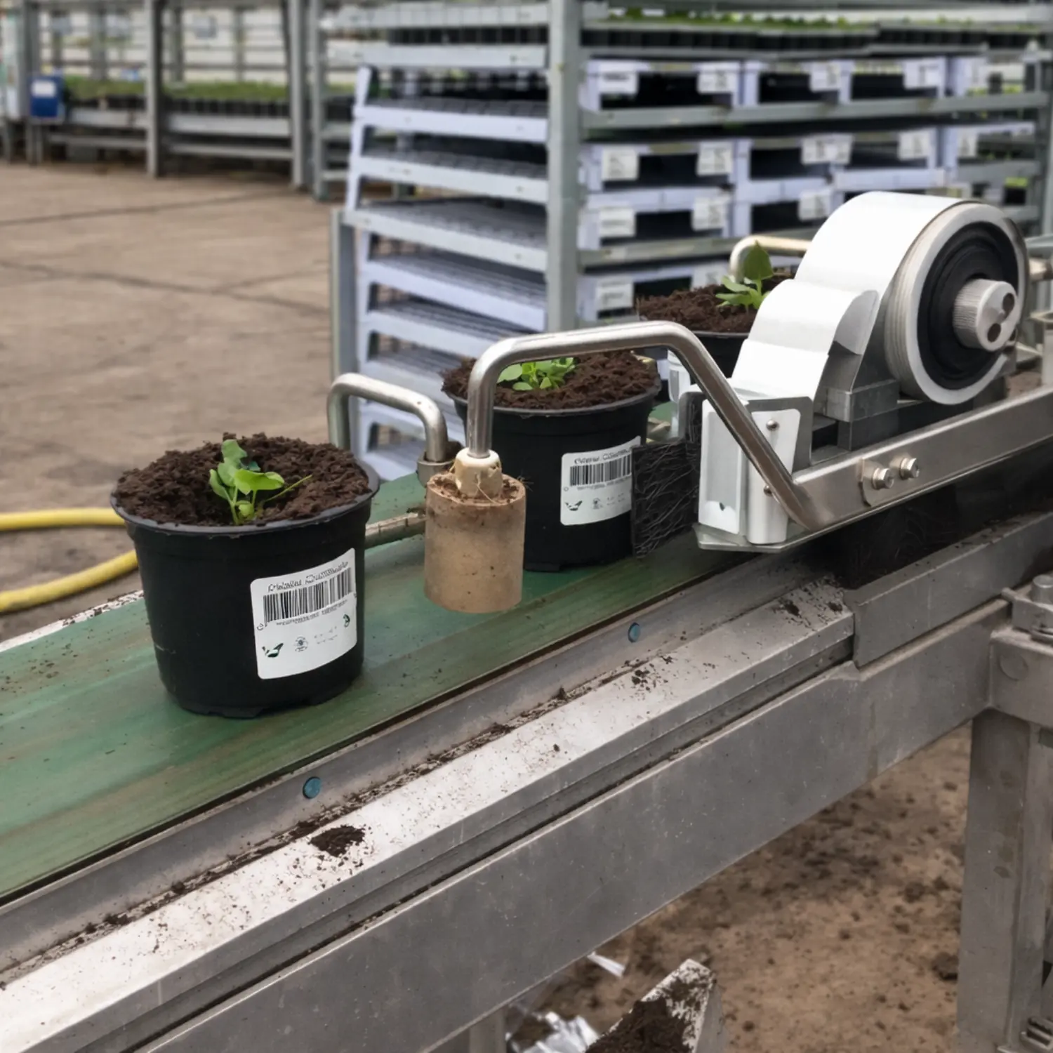 Automatic labeling machine labeling flower pots in a production line
