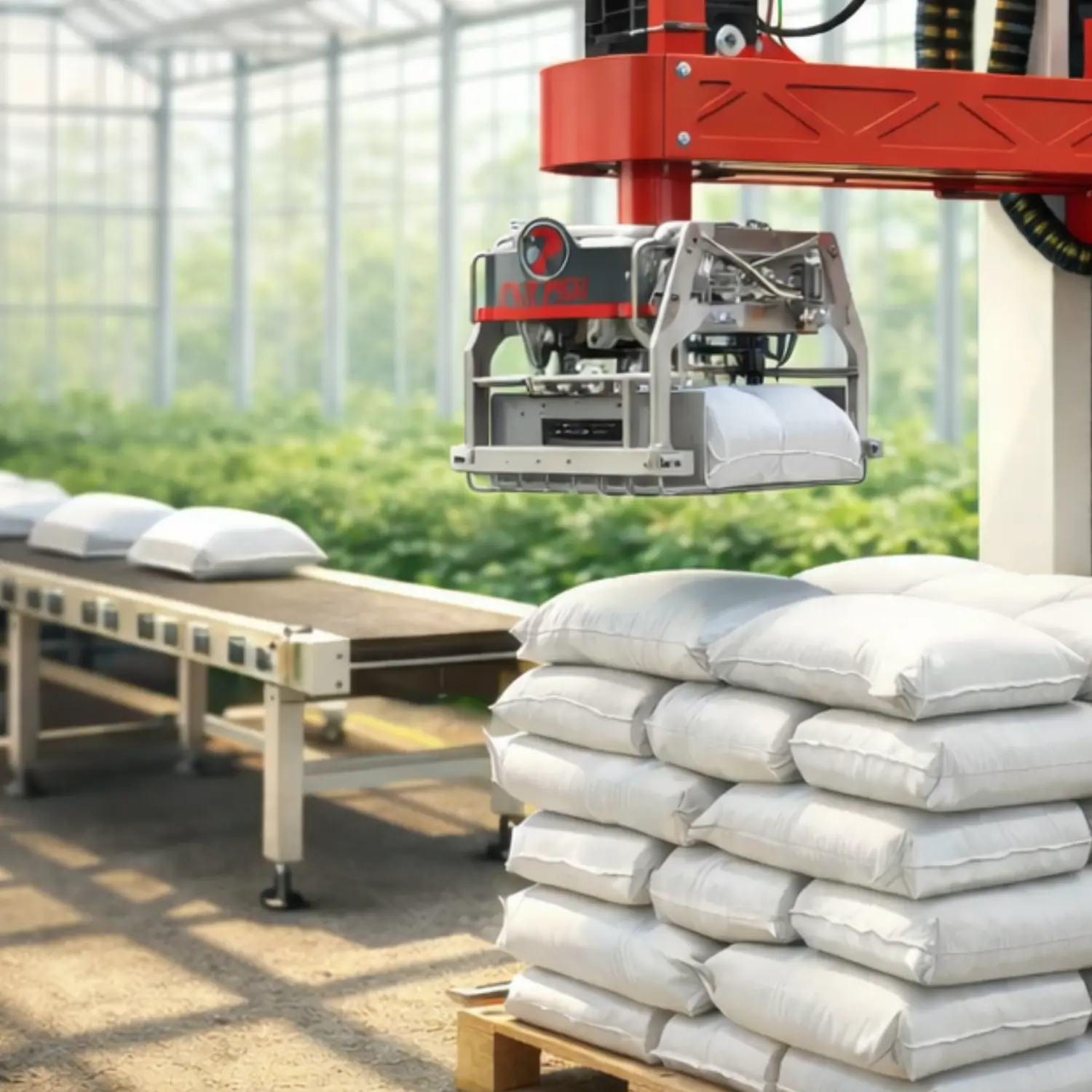 Robotic palletizer arm gripping and placing a soil bag onto a pallet inside an automated warehouse setup.