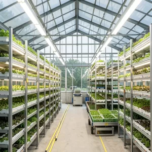 Vertical farming system installed inside an industrial greenhouse with multi-layer cultivation shelves